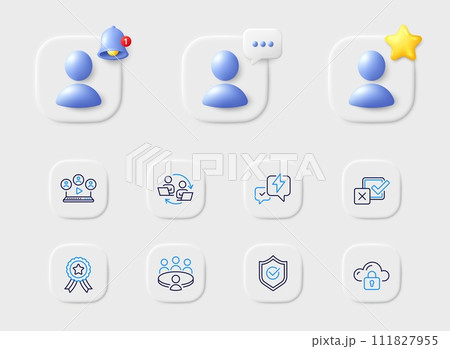 Meeting, Lightning bolt and Video conference line icons. Placeholder with 3d star, reminder bell, chat. Pack of Checkbox, Teamwork process, Approved shield icon. Vector Meeting, Lightning bolt and Video conference line icons. Placeholder with 3d star, reminder bell, chat. Pack of Checkbox, Teamwork process, Approved shield icon. Vector 111827955