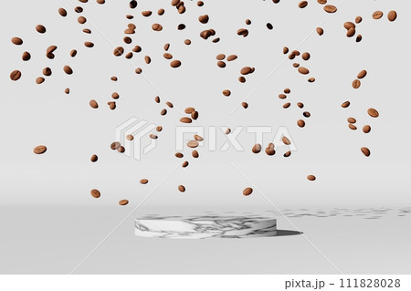 Falling coffee beans on empty marble podium white background harsh shadow 3D render. Merchandise pouch bag promo place. 111828028
