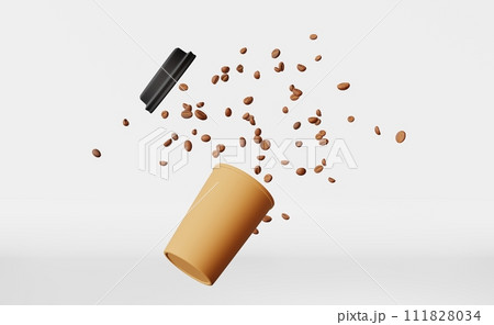 Floating paper coffee cup lid flying beans 3D rendering. Coffee shop beverage discount demonstration branding template 111828034