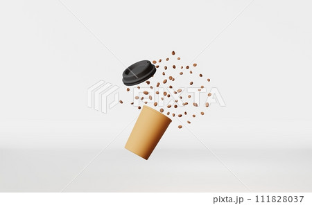 Floating paper coffee cup lid flying beans 3D rendering. Coffee shop beverage discount demonstration branding template 111828037