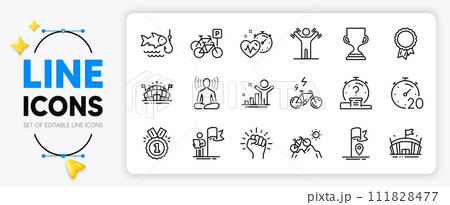 Flag, Leadership and Yoga line icons set for app include Approved, Cardio training, Success outline thin icon. Quiz, Mountain bike, Bicycle parking pictogram icon. Dumbbells workout. Vector 111828477