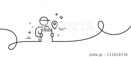 Delivery man line icon. Continuous one line with curl. Courier location sign. Order delivery symbol. Delivery man single outline ribbon. Loop curve pattern. Vector 111828536