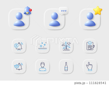 Headshot, Click hand and Clean skin line icons. Placeholder with 3d star, reminder bell, chat. Pack of Notification cart, Champagne bottle, Windmill icon. Rfp, User notification pictogram. Vector 111828541