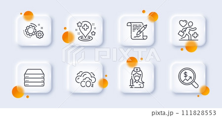 Co2, Patient and Currency audit line icons pack. 3d glass buttons with blurred circles. Vaccination, Agreement document, Hospital web icon. Gears, Servers pictogram. For web app, printing. Vector 111828553
