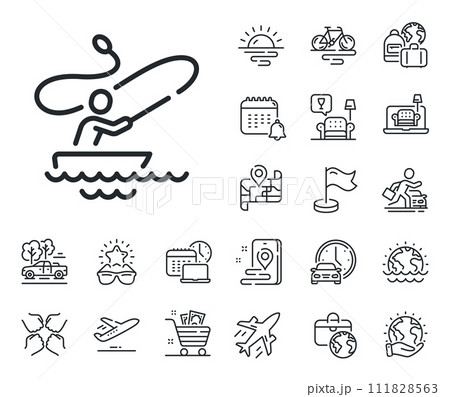Fisherman with spinning rod sign. Plane jet, travel map and baggage claim outline icons. Boat fishing line icon. Catching fish symbol. Boat fishing line sign. Car rental, taxi transport icon. Vector Fisherman with spinning rod sign. Plane jet, travel map and baggage claim outline icons. Boat fishing line icon. Catching fish symbol. Boat fishing line sign. Car rental, taxi transport icon. Vector 111828563