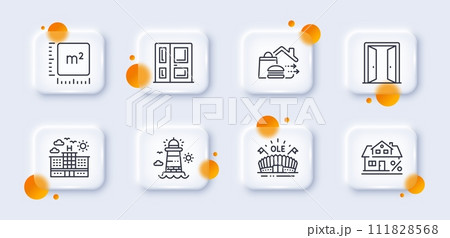 Hotel, Lighthouse and Square meter line icons pack. 3d glass buttons with blurred circles. Food delivery, Sports arena, Entrance web icon. Mortgage, Open door pictogram. For web app, printing. Vector 111828568