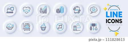 Grill tools, Employee result and Seafood line icons for web app. Pack of Ranking stars, No music, Computer security pictogram icons. Petrol station, Currency, House dimension signs. Cake. Vector Grill tools, Employee result and Seafood line icons for web app. Pack of Ranking stars, No music, Computer security pictogram icons. Petrol station, Currency, House dimension signs. Cake. Vector 111828613