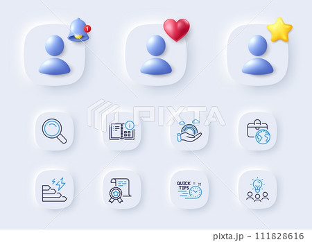 Business idea, Lgbt and Instruction info line icons. Placeholder with 3d bell, star, heart. Pack of Global business, Quick tips, Consumption growth icon. Search, Certificate pictogram. Vector 111828616