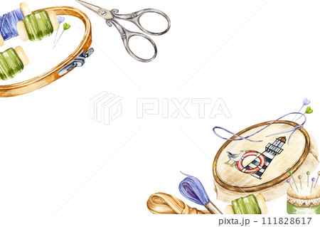 watercolor frame with embroidery tools, hand drawn sketch of handiwork with needlework box, scissors, flosses, yarn, pins, thimble, pincushion, embroidery frame, skein of thread isolated 111828617