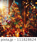 AI-generated content. Interior Сhristmas. magic glowing tree, gifts in dark at night 111828624