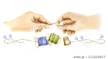 watercolor border with illustration of women's hands embroider, hold a needle and pins, thimble, scissors, different bobbins, hand drawn sketch of needlework theme, hobby on white background watercolor border with illustration of women's hands embroider, hold a needle and pins, thimble, scissors, different bobbins, hand drawn sketch of needlework theme, hobby on white background 111828627