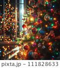 AI-generated content. Interior Сhristmas. magic glowing tree, gifts in dark at night 111828633