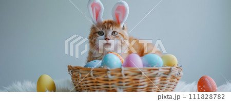 Fluffy Cat with Bunny Ears and Easter Eggs 111828782