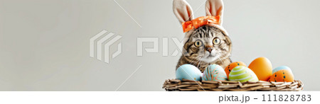 Fluffy Cat with Bunny Ears and Easter Eggs 111828783