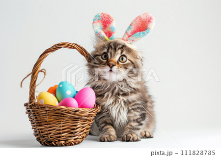 Fluffy Cat with Bunny Ears and Easter Eggs 111828785