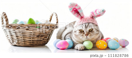 Fluffy Cat with Bunny Ears and Easter Eggs 111828786