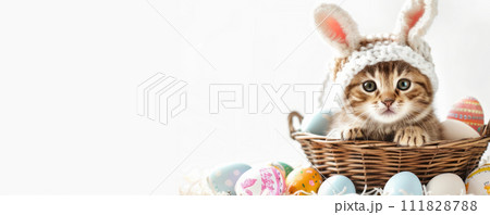 Fluffy Cat with Bunny Ears and Easter Eggs 111828788