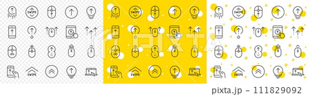 Scrolling mouse, landing page swipe signs. Swipe up line icons. Scroll up mobile device technology icons. Website scroll navigation. Tablet pc or smartphone symbols. Phone scrolling. Vector 111829092