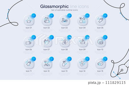 Set of Rubber gloves, Cleanser spray and Wash hands line icons for web app. Vacuum cleaner, Cleaning service, Hold t-shirt icons. Washing hands, Dirty mask, Clean towel signs. Vector Set of Rubber gloves, Cleanser spray and Wash hands line icons for web app. Vacuum cleaner, Cleaning service, Hold t-shirt icons. Washing hands, Dirty mask, Clean towel signs. Vector 111829115