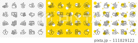 Cash money, Donation coins, Give tips icons. Coins line icons. Piggy bank, Business income, Loan. Money savings, give coin, cash tips. Investment profit, growth chart, financial crisis. Vector 111829122