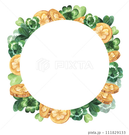 St. Patrick's Day round frame with shamrock leaves and gold coins. Hand drawn watercolor isolated on white background. Postcard, banner, poster, flyer, design 111829133