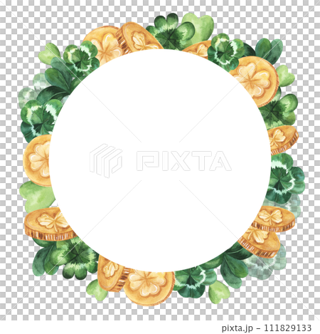 St. Patrick's Day round frame with shamrock leaves and gold coins. Hand drawn watercolor isolated on white background. Postcard, banner, poster, flyer, design 111829133