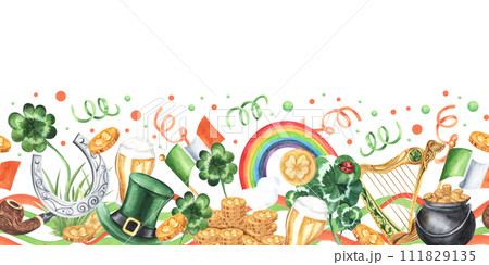St. Patrick's Day watercolor seamless border. Rainbow, harp, pot of gold, coins money, clover, beer, flag of ireland. Hand drawn illustration . For print, design, invitations, etc. 111829135