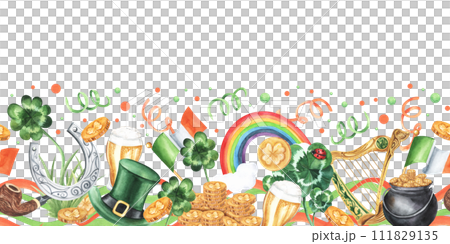 St. Patrick's Day watercolor seamless border. Rainbow, harp, pot of gold, coins money, clover, beer, flag of ireland. Hand drawn illustration . For print, design, invitations, etc. 111829135
