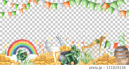 St. Patrick's Day watercolor horizontal decoration banner, card. Rainbow, harp, pot of gold, coins money, clover, letter. Hand drawn illustration isolated on white background. For print, design. St. Patrick's Day watercolor horizontal decoration banner, card. Rainbow, harp, pot of gold, coins money, clover, letter. Hand drawn illustration isolated on white background. For print, design. 111829136