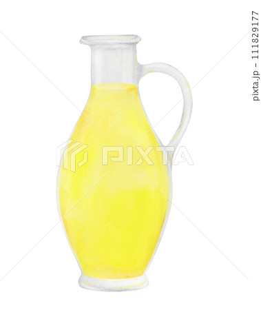 Transparent glass bottle with yellow oil, vinegar. Watercolor hand drawn illustration. Ingredient in cooking, cosmetics. Clip art for menu of restaurants, packaging of farm goods, vegan products Transparent glass bottle with yellow oil, vinegar. Watercolor hand drawn illustration. Ingredient in cooking, cosmetics. Clip art for menu of restaurants, packaging of farm goods, vegan products 111829177