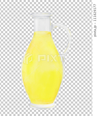 Transparent glass bottle with yellow oil, vinegar. Watercolor hand drawn illustration. Ingredient in cooking, cosmetics. Clip art for menu of restaurants, packaging of farm goods, vegan products Transparent glass bottle with yellow oil, vinegar. Watercolor hand drawn illustration. Ingredient in cooking, cosmetics. Clip art for menu of restaurants, packaging of farm goods, vegan products 111829177