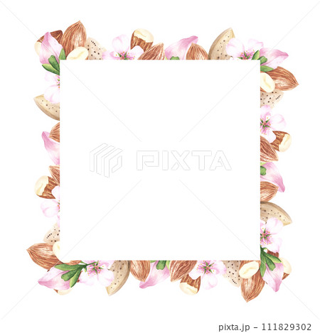 almond nut wreath isolated on white background. watercolor round frame, For design, packaging, web 111829302