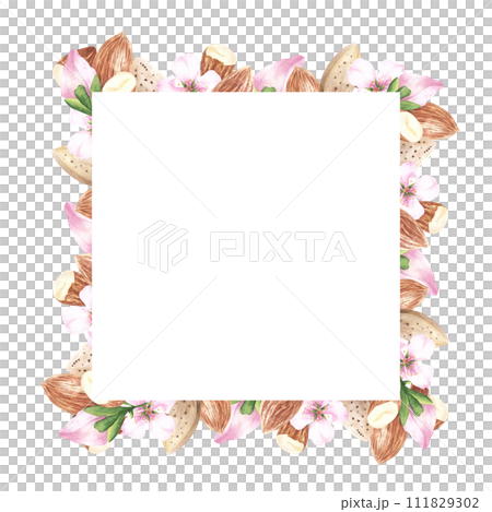 almond nut wreath isolated on white background. watercolor round frame, For design, packaging, web 111829302