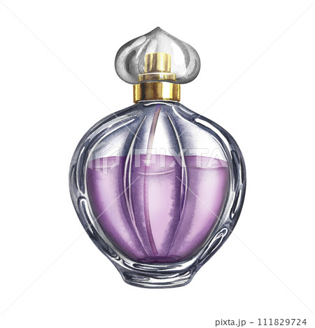 A perfume bottle made of transparent glass. Vintage purple perfume. A hand-drawn watercolor illustration. Isolate her. For packaging, postcards and labels. For banners, flyers and posters. 111829724