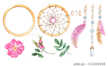 Watercolor hand drawn dream catcher set with feathers, strings of crystals, beads, golden rings and dog rose flowers. Design elements isolated on white background. 111830008