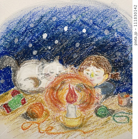 蝋燭の前でくつろぐ猫と女の子 111830142
