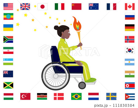 トーチを持って世界をリレーする車椅子の女性。 111830384