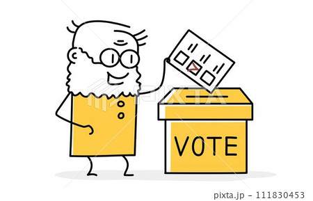 Old man putting election ballot into box on voting station. Old man putting election ballot into box on voting station. 111830453
