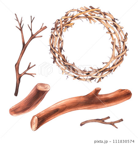 Watercolor set of wooden sticks and branches 111830574