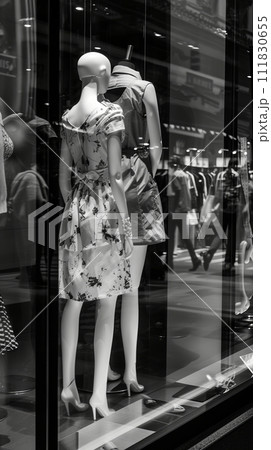 Black and white photo of glass storefronts with manikins, manikins in sold clothes Black and white photo of glass storefronts with manikins, manikins in sold clothes 111830655