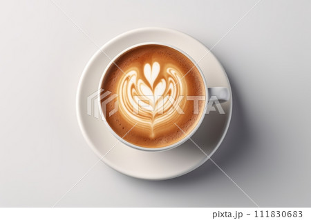Espressobased drink with latte art in a coffee cup on a saucer 111830683