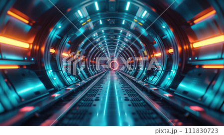 Futuristic round tunnel with metal floor and walls, abstract tech space background. Perspective of dark corridor with neon lights. Concept of technology, future, transportation 111830723