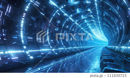 Futuristic abstract tunnel with blue lights of data, abstract tech space background. Perspective view of digital corridor in cyberspace. Concept of technology, future, network 111830725