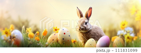 Holiday celebration banner with cute Easter bunny with decorated eggs and spring flowers on green spring meadow. Rabbit in landscape. Happy Easter greeting card, banner, festive background.Copy space 111831099