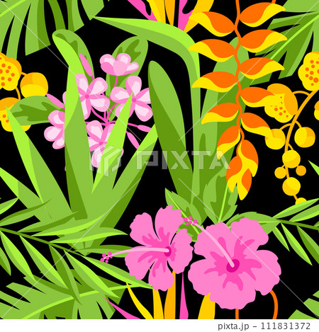 Pattern with tropical flowers. Decorative exotic foliage and plants. 111831372