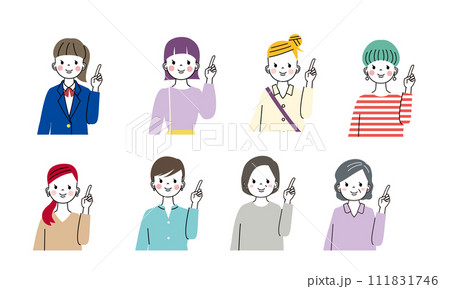 指差しポーズをしている様々な年齢層の女性の上半身イラスト 指差しポーズをしている様々な年齢層の女性の上半身イラスト 111831746