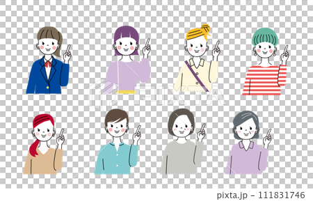 指差しポーズをしている様々な年齢層の女性の上半身イラスト 指差しポーズをしている様々な年齢層の女性の上半身イラスト 111831746