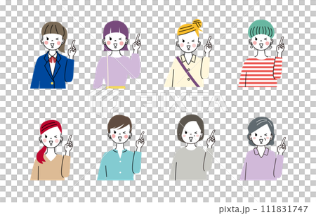 Upper body of women of various ages doing pointing poses 111831747