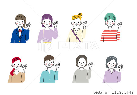 OKポーズをしているいろんな年代の女性 上半身のイラスト OKポーズをしているいろんな年代の女性 上半身のイラスト 111831748
