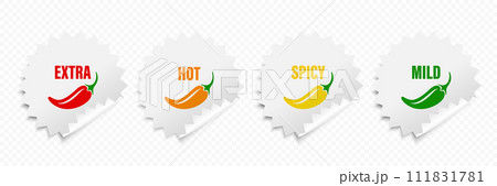 Realistic Vector Round Stickers with Spicy Chili Pepper Levels. Red, Orange, Yellow, Green Jalapeno Pepper Strength Scale Sticker Indicators with Mild, Spicy, Hot and Extra Positions 111831781